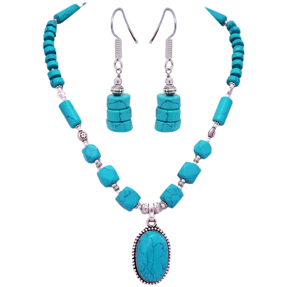 Turquoise Gemstone Studded Necklace & Earrings Set