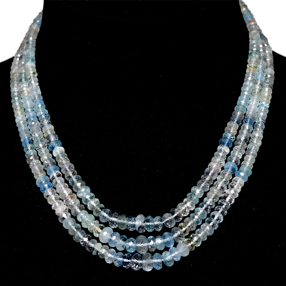 3 Lines 389 Carats Aquamarine Gemstone Faceted Bead Necklace