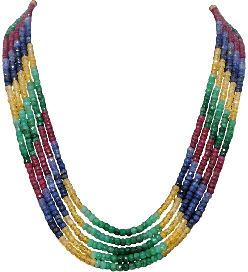 5 Lines 512.5 Cts Ruby Emerald Sapphire  Precious Gemstone Bead Necklace