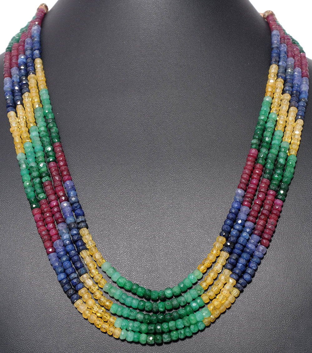 5 Lines 512.5 Cts Ruby Emerald Sapphire  Precious Gemstone Bead Necklace