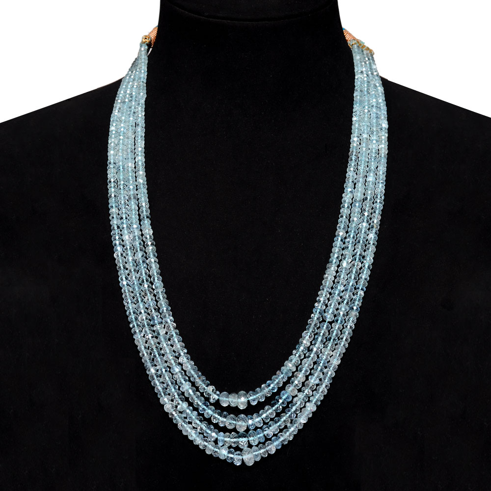 4 Lines 527 Carats Aquamarine Gemstone Faceted Bead Necklace