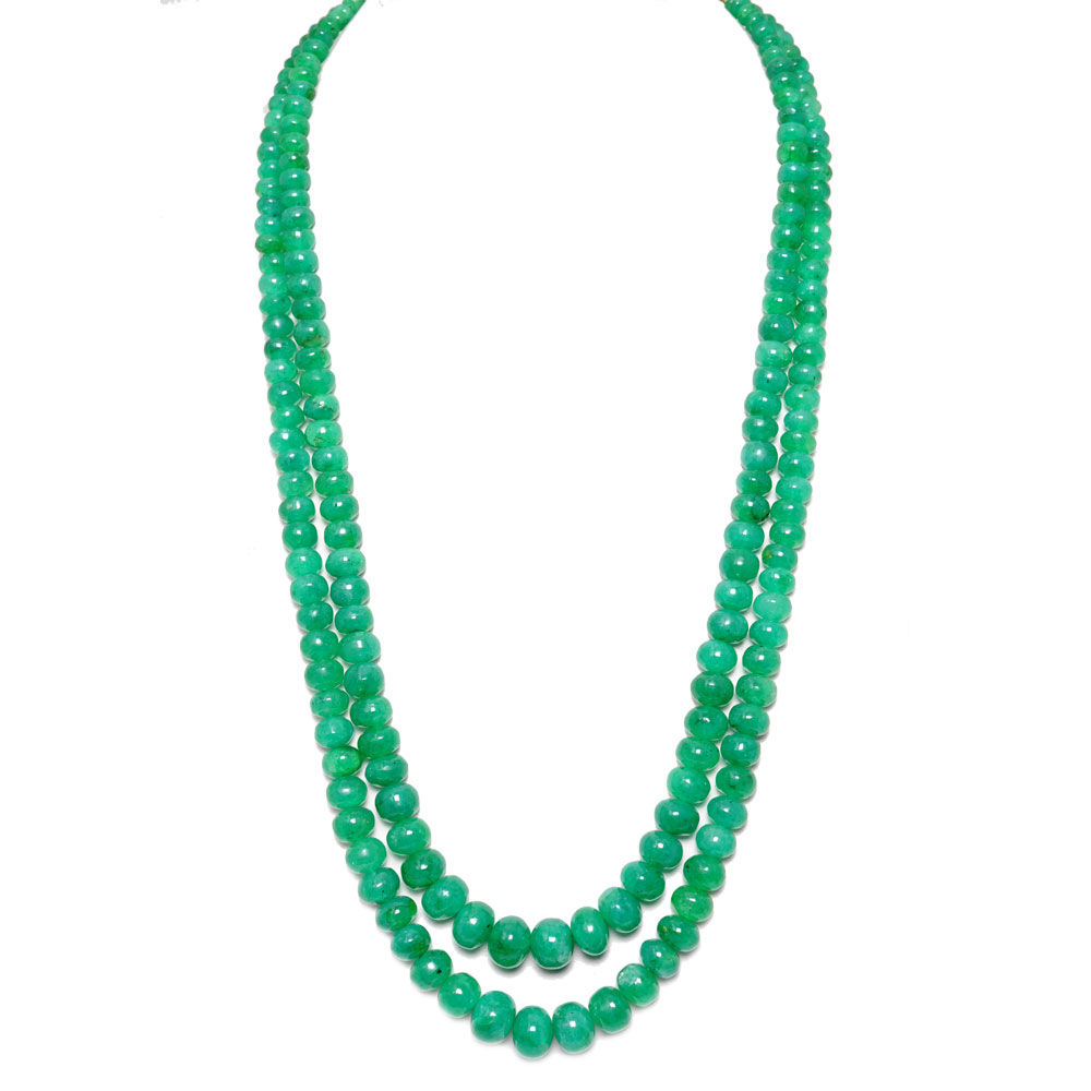 2 Lines 560 Carats Emerald Gemstone Cabochon Beads Necklace
