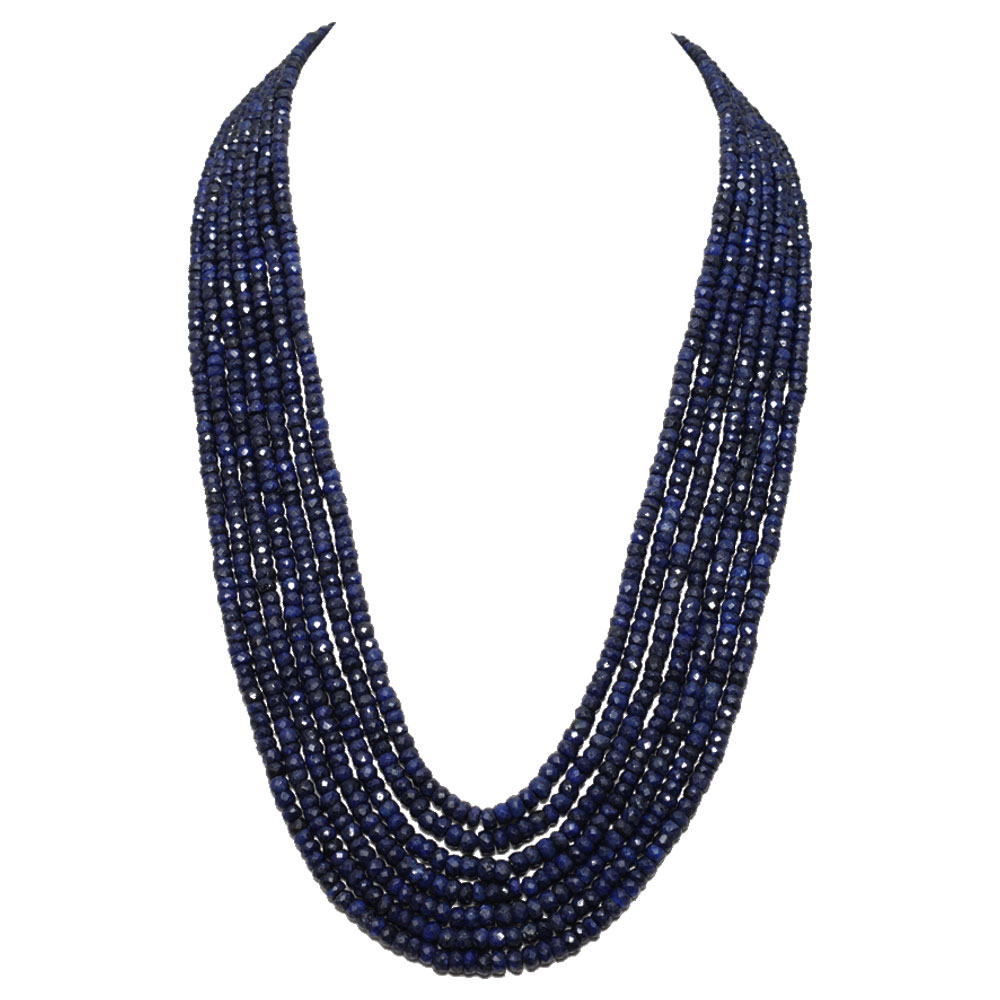 7 Lines 709 Carats Blue Sapphire Gemstone Faceted Beads Necklace