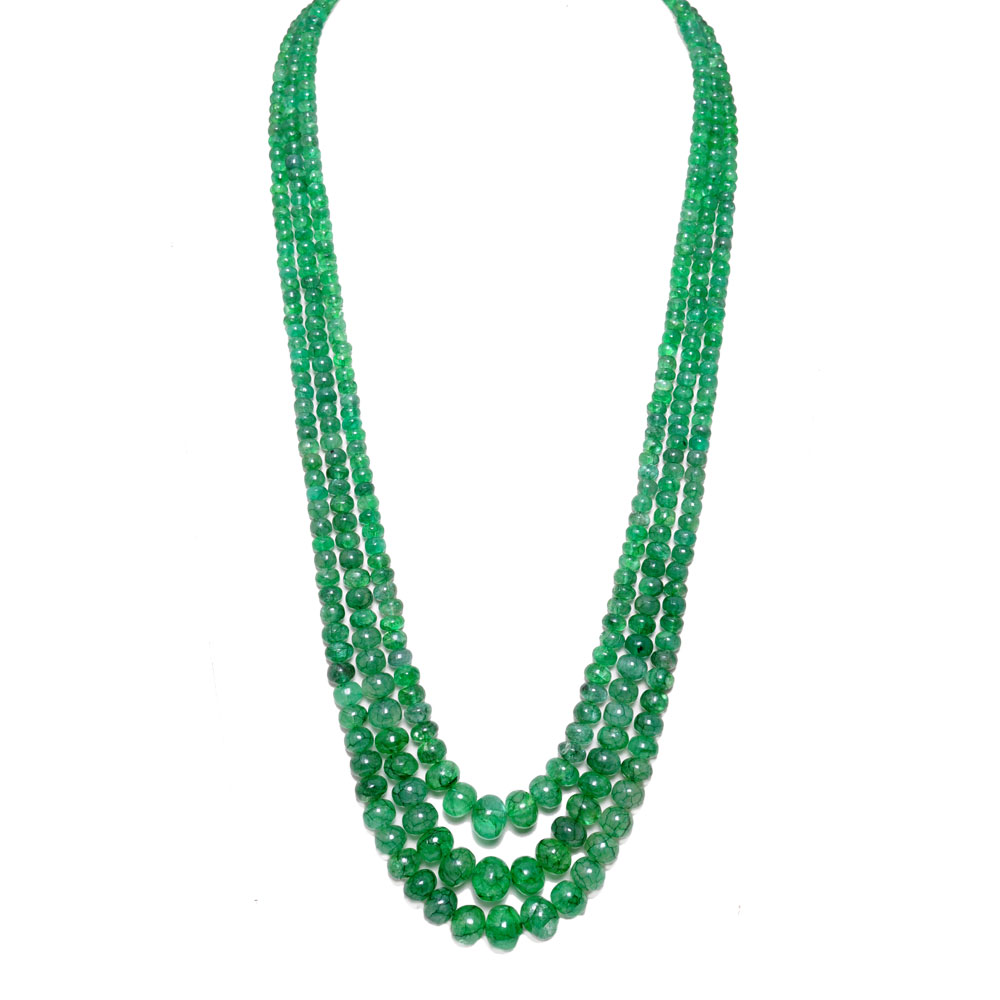 3 Lines 550 Carats Emerald Gemstone Cabochon Beads Necklace