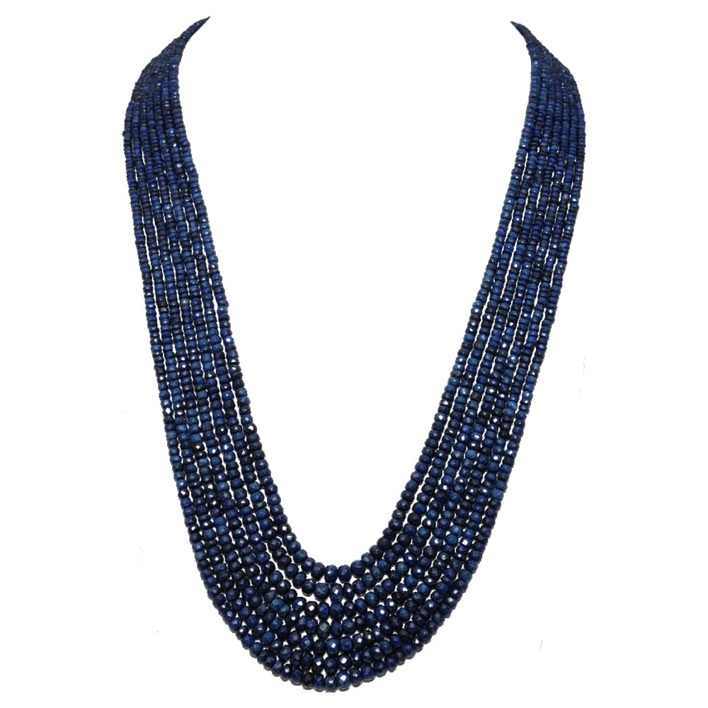 7 Lines 773 Carats Blue Sapphire Gemstone Faceted Beads Necklace
