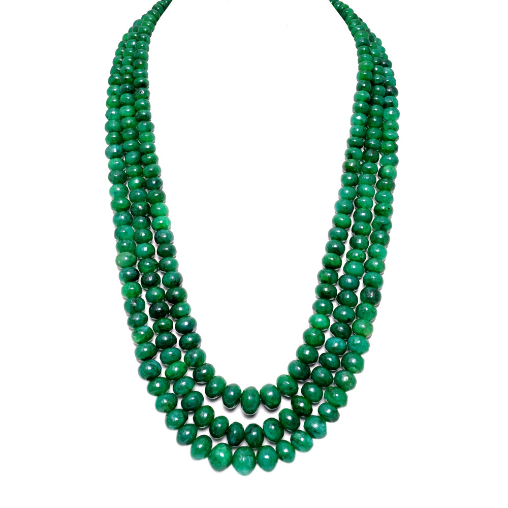 3 Lines 876 Carats Emerald Gemstone Cabochon Beads Necklace