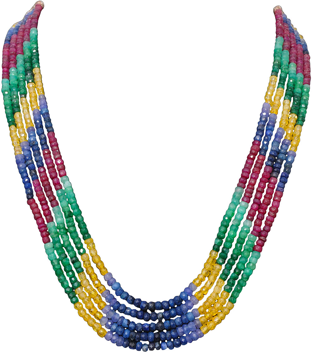 5 Lines 530 Carats Emerald Ruby Sapphire Precious Gemstone Bead Necklace