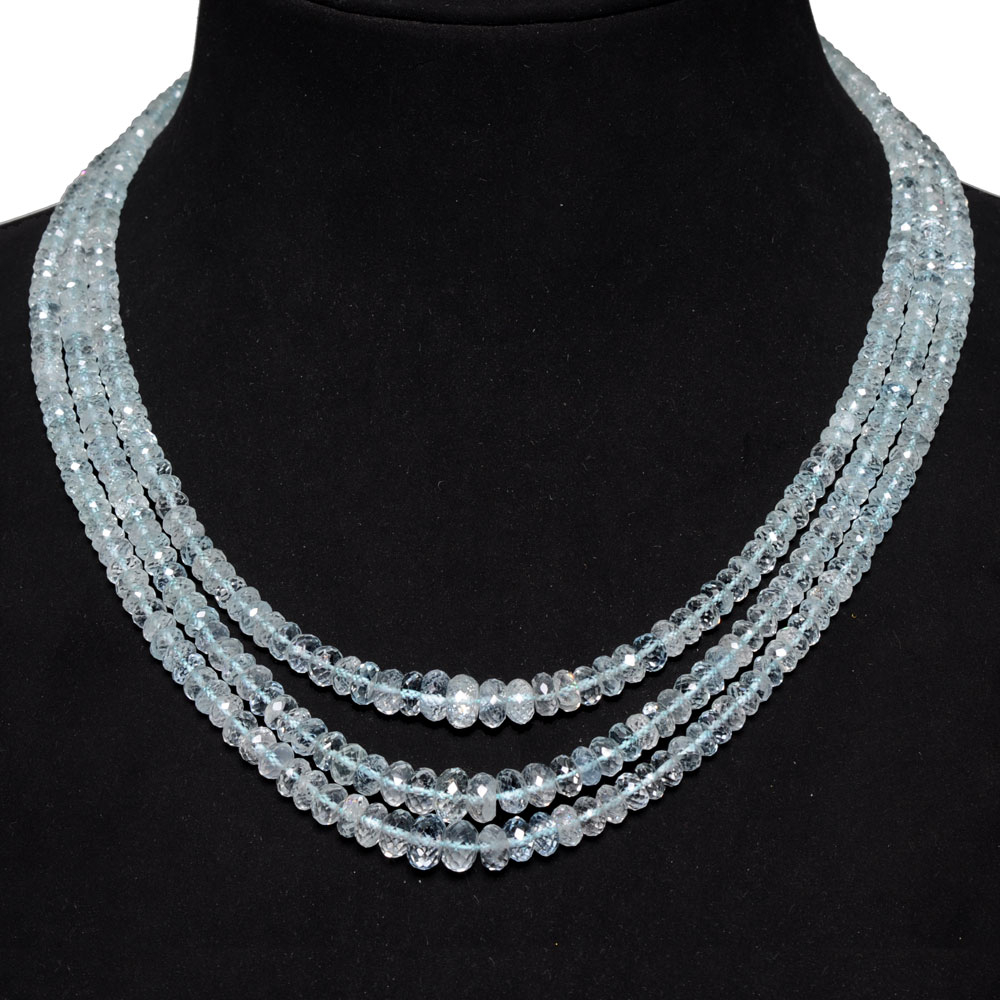 3 Lines 335 Carats Aquamarine Gemstone Faceted Bead Necklace