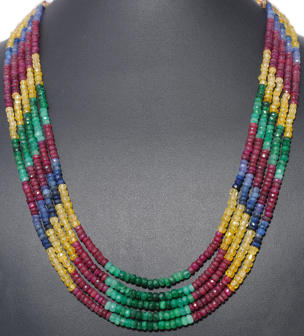 5 Lines 480 Carats Emerald Ruby Sapphire Gemstone Faceted Bead Necklace - Image 5