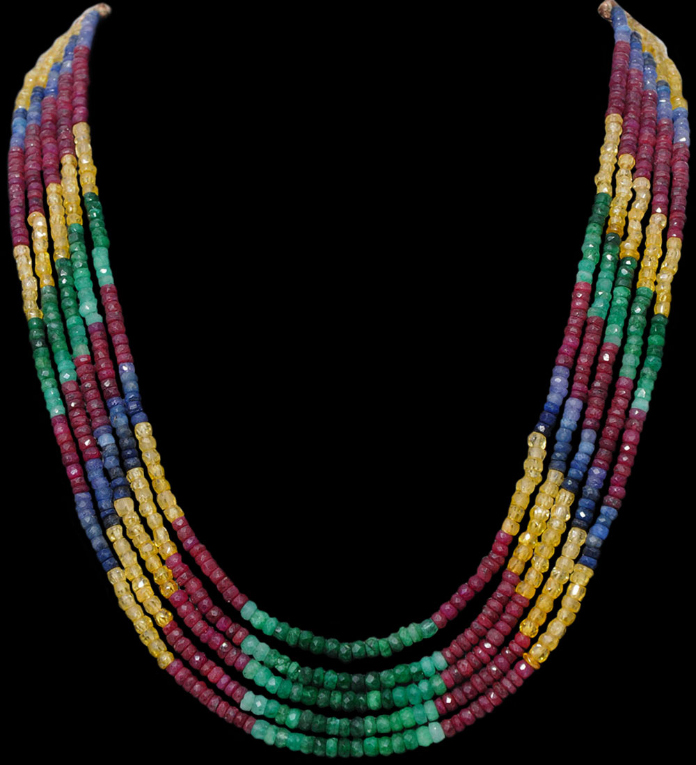 5 Lines 480 Carats Emerald Ruby Sapphire Gemstone Faceted Bead Necklace
