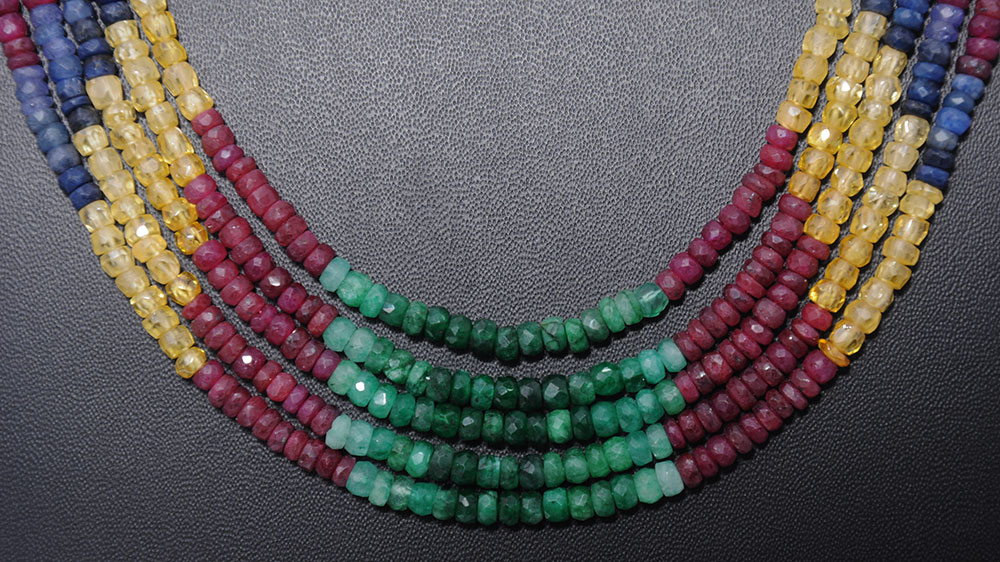 5 Lines 480 Carats Emerald Ruby Sapphire Gemstone Faceted Bead Necklace - Image 3