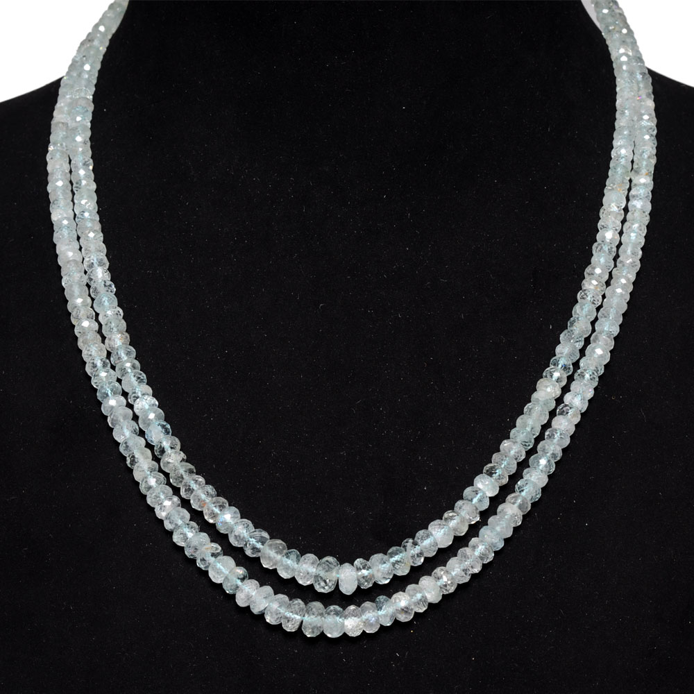 2 Lines 134 Carats Aquamarine Gemstone Faceted Bead Necklace