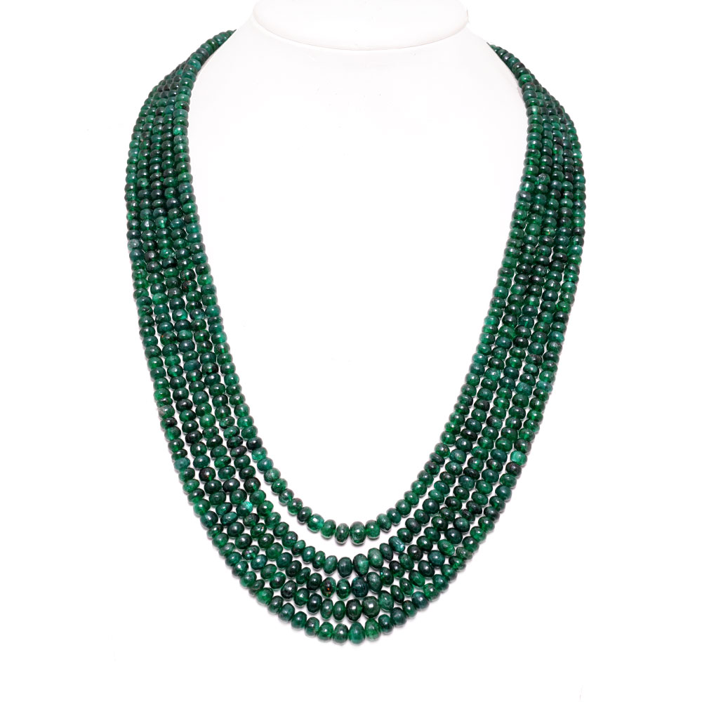 5 Lines 520 Carats Emerald Gemstone Cabochon Beads Necklace
