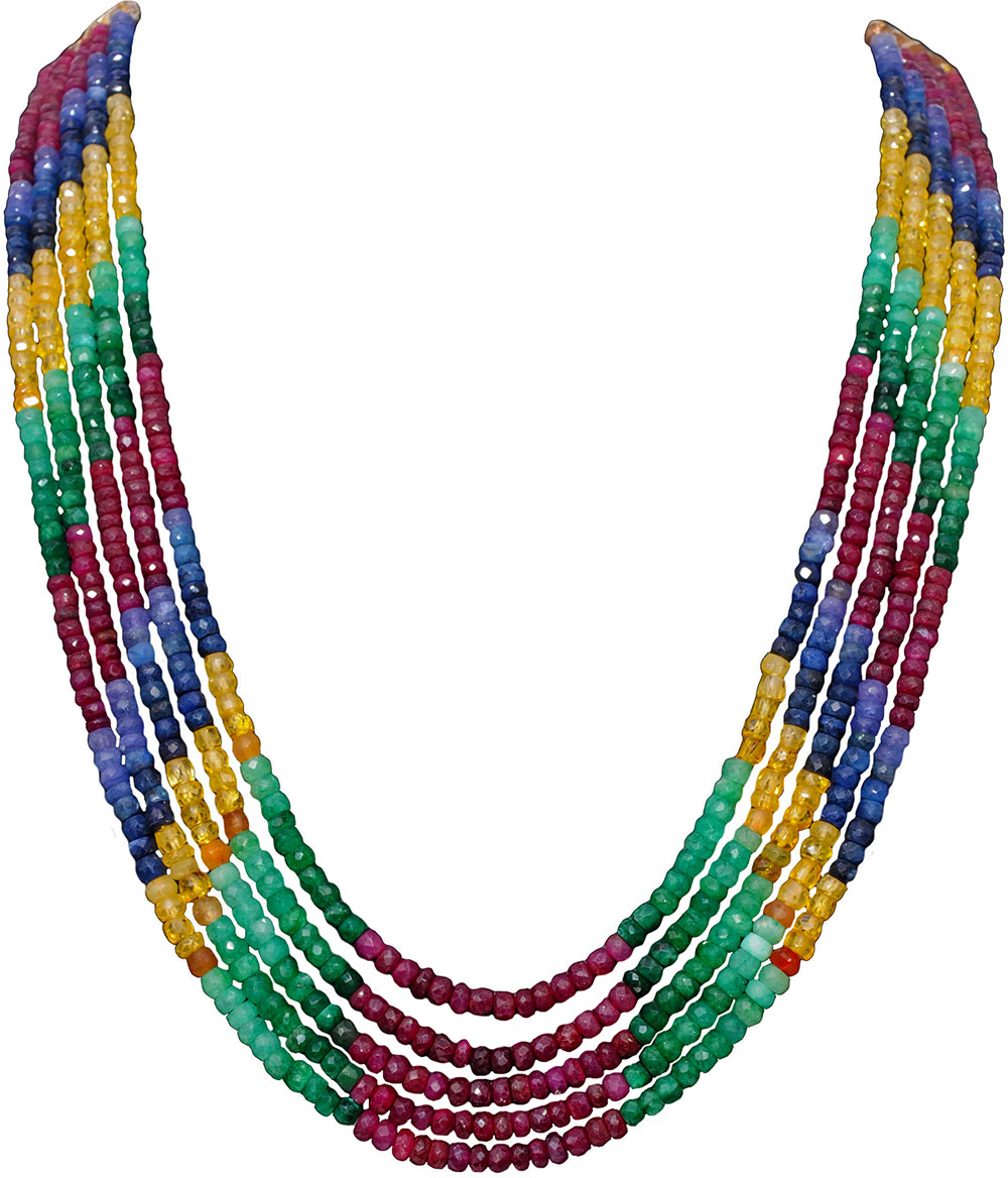 5 Lines Ruby Sapphire Emerald Precious Gemstone Beaded Necklace