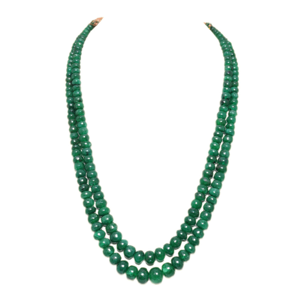 2 Lines 459 Carats Emerald Gemstone Cabochon Beads Necklace