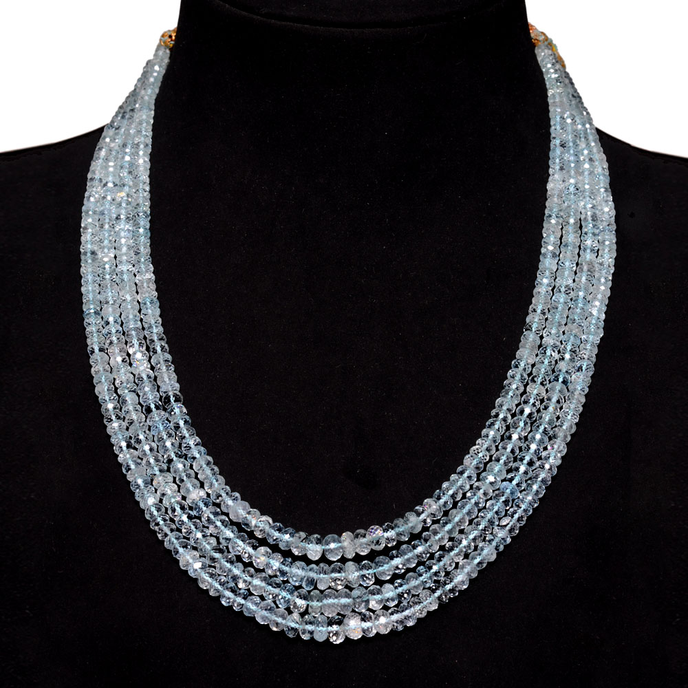 4 Lines 427 Carats Aquamarine Gemstone Faceted Bead Necklace