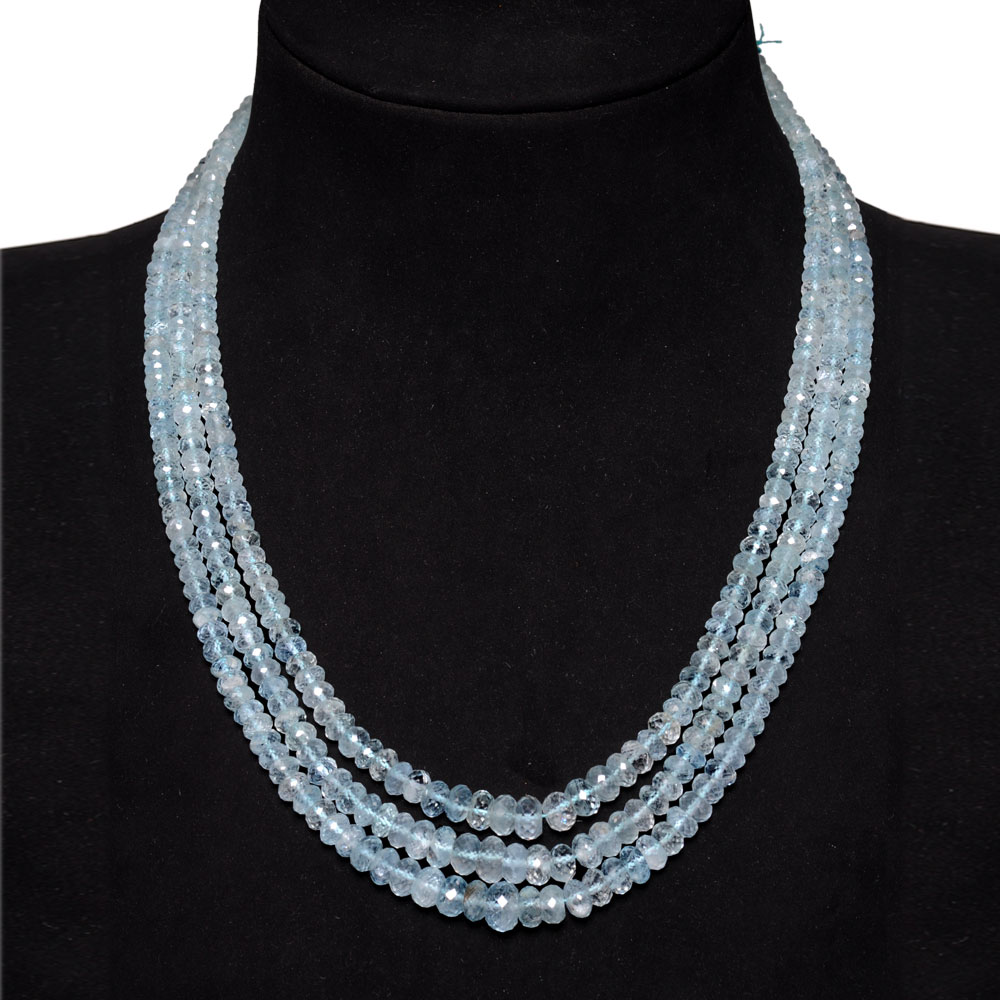 3 Lines 379 Carats Aquamarine Gemstone Faceted Bead Necklace