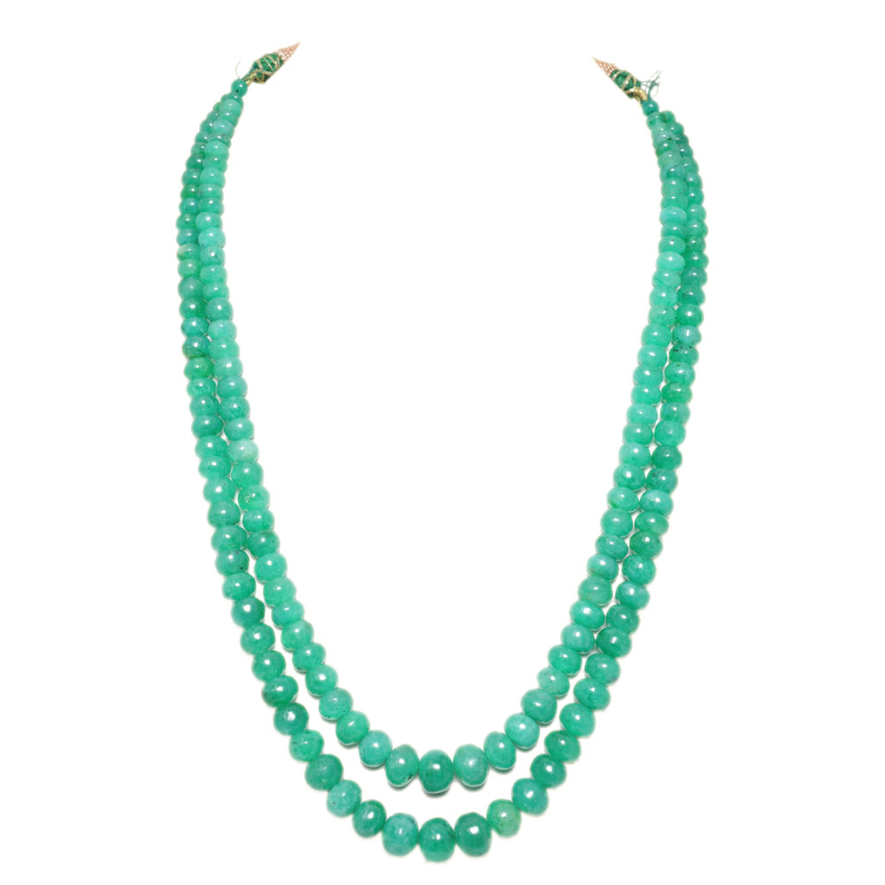 2 Lines 437 Carats Emerald Gemstone Cabochon Beads Necklace