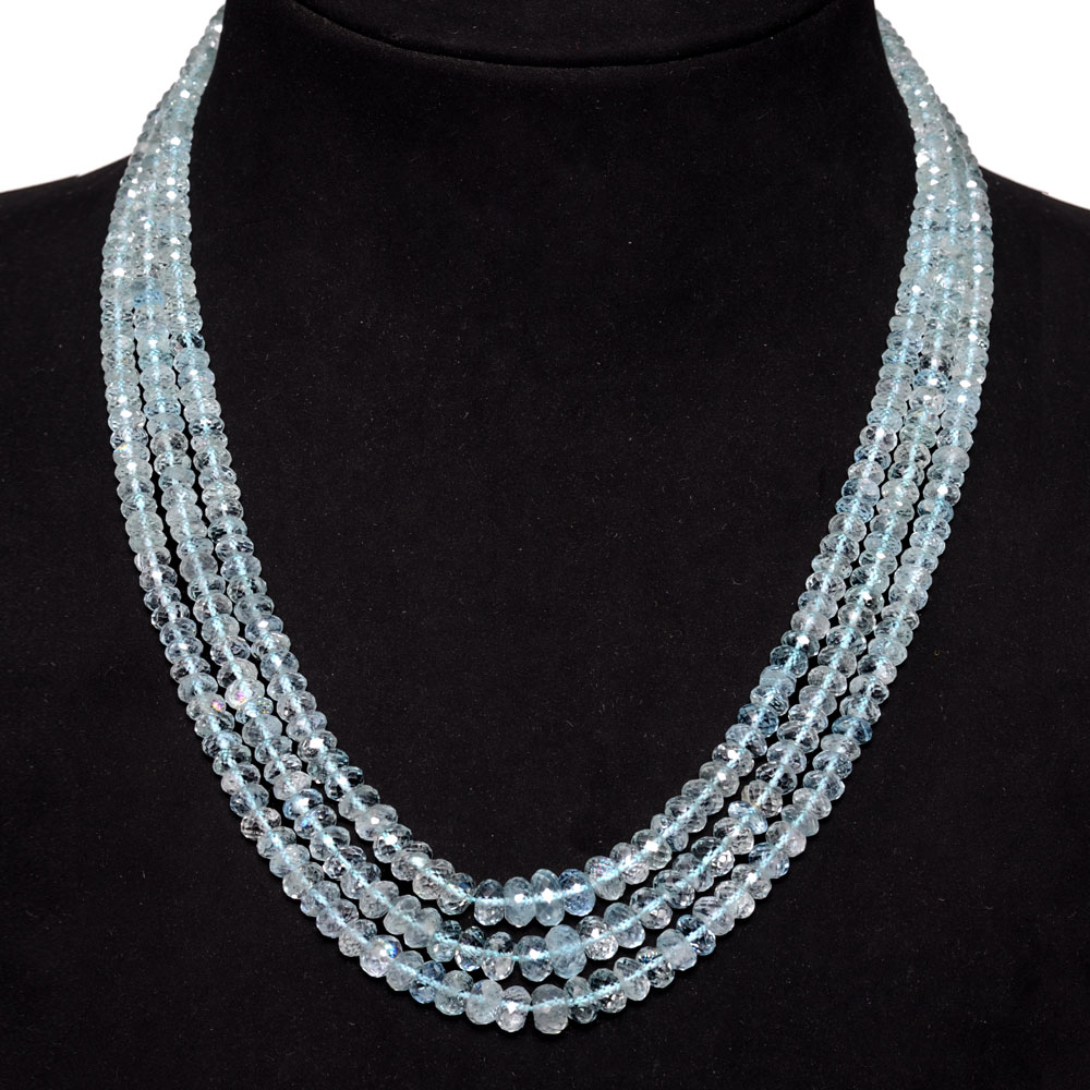 3 Lines 371 Carats Aquamarine Gemstone Faceted Bead Necklace