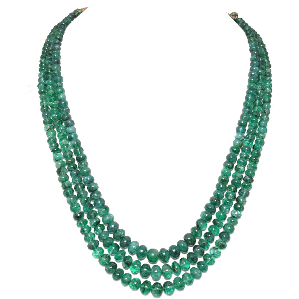 3 Lines 487 Carats Emerald Gemstone Cabochon Beads Necklace