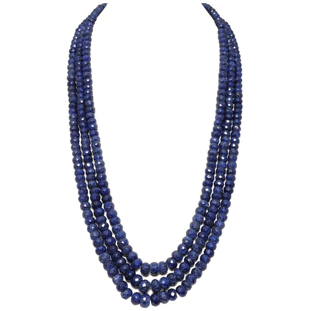 3 Lines 994 Carats Blue Sapphire Gemstone 5X9 Mm Faceted Beads Necklace