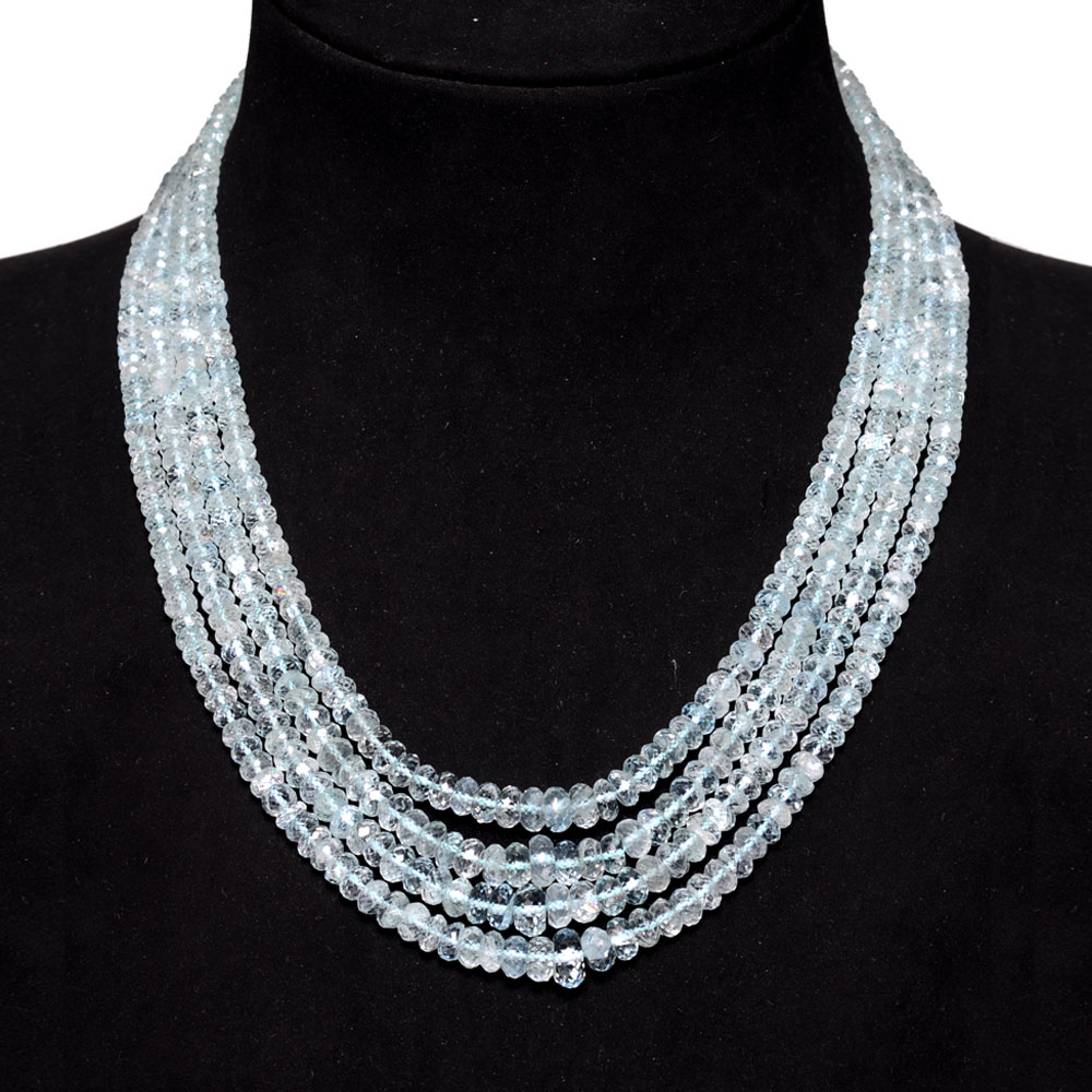 4 Lines 473 Carats Aquamarine Gemstone Faceted Bead Necklace