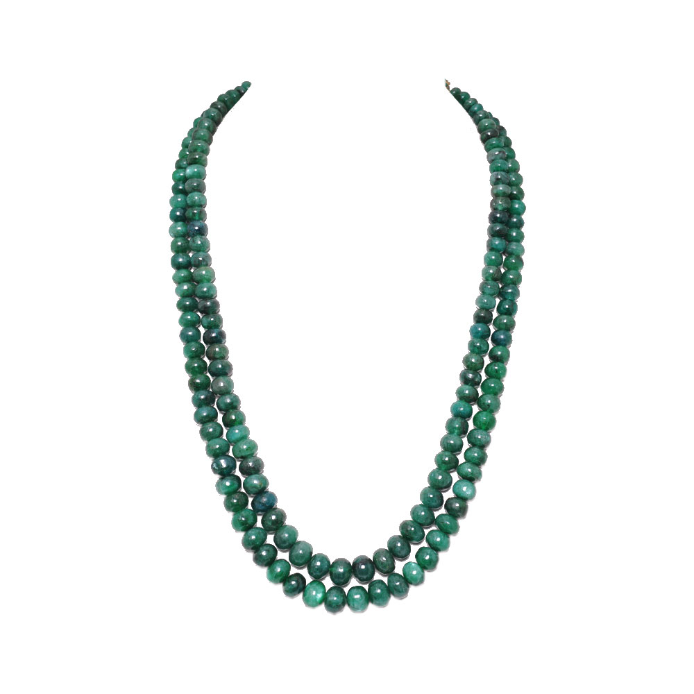 2 Lines 529 Carats Emerald Gemstone Cabochon Beads Necklace