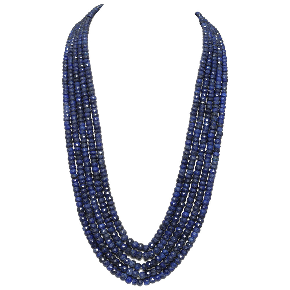 5 Lines 1380 Carats Blue Sapphire Gemstone 4X6 Mm Faceted Beads Necklace