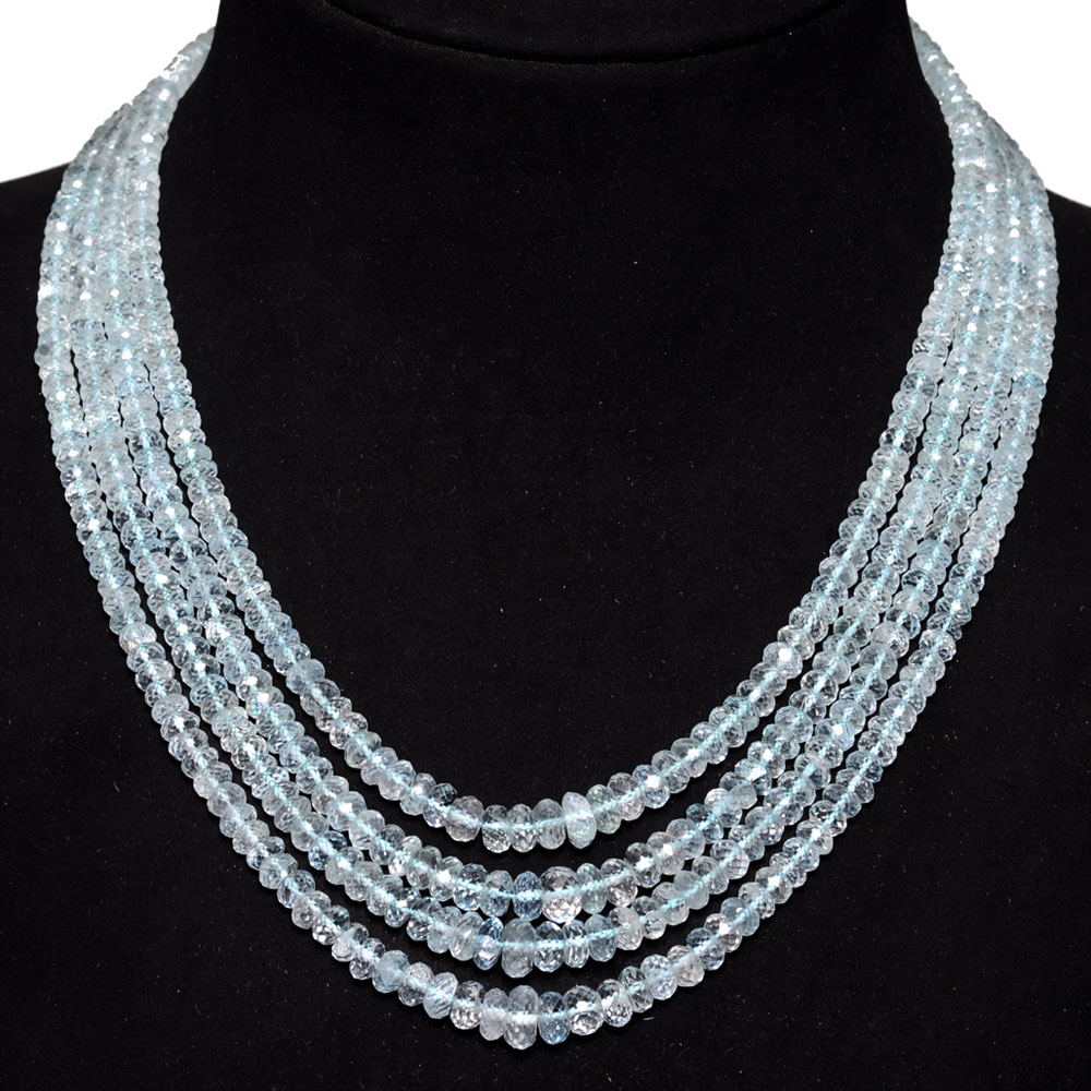 4 Lines 464 Carats Aquamarine Gemstone Faceted Bead Necklace