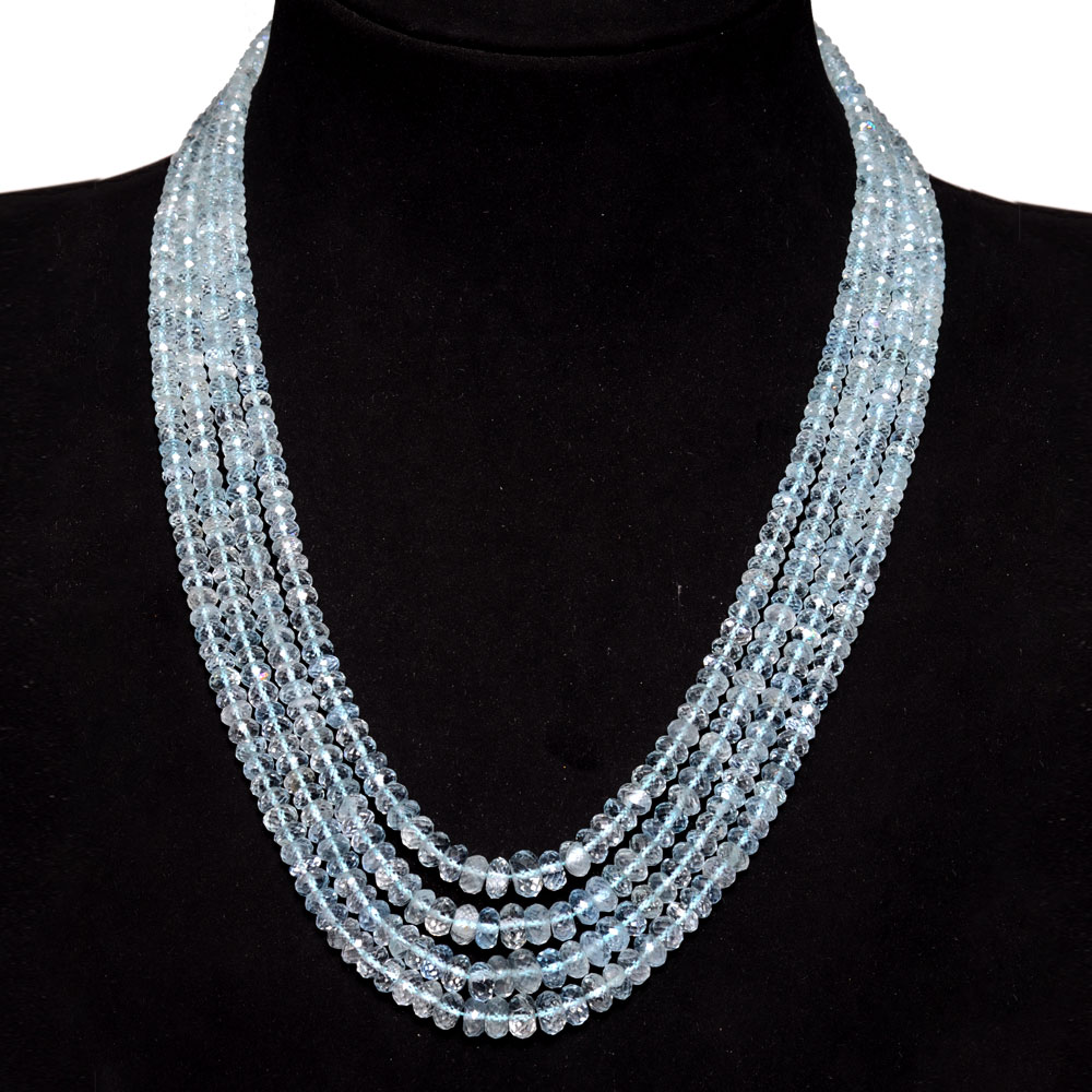 4 Lines 517 Carats Aquamarine Gemstone Faceted Bead Necklace