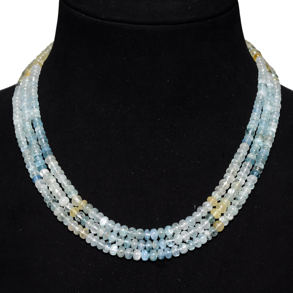 3 Lines 276 Carats Aquamarine Gemstone Plain Bead Necklace