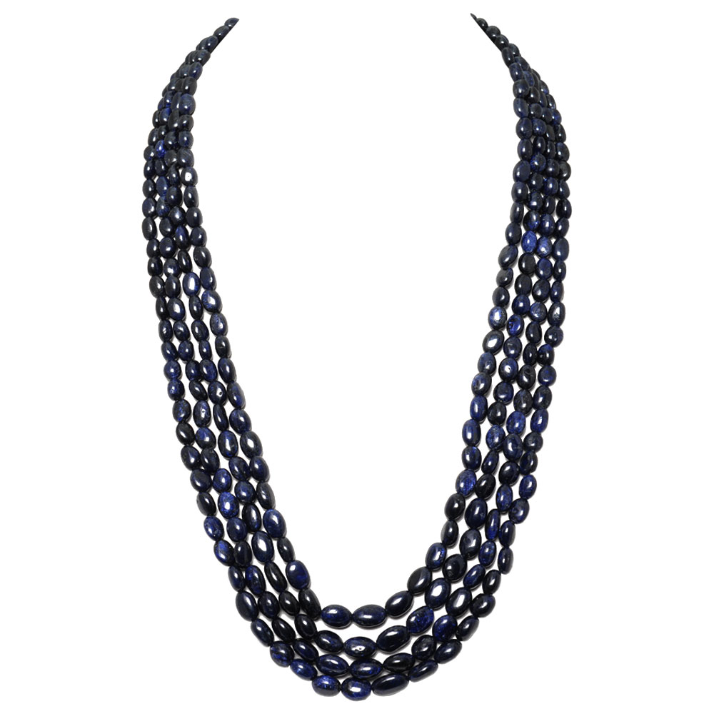 4 Lines 580 Carats Blue Sapphire Gemstone Oval Shaped Bead Necklace
