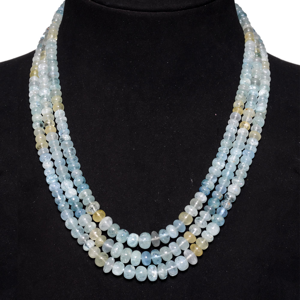 3 Lines 509 Carats Aquamarine Gemstone Plain Bead Necklace