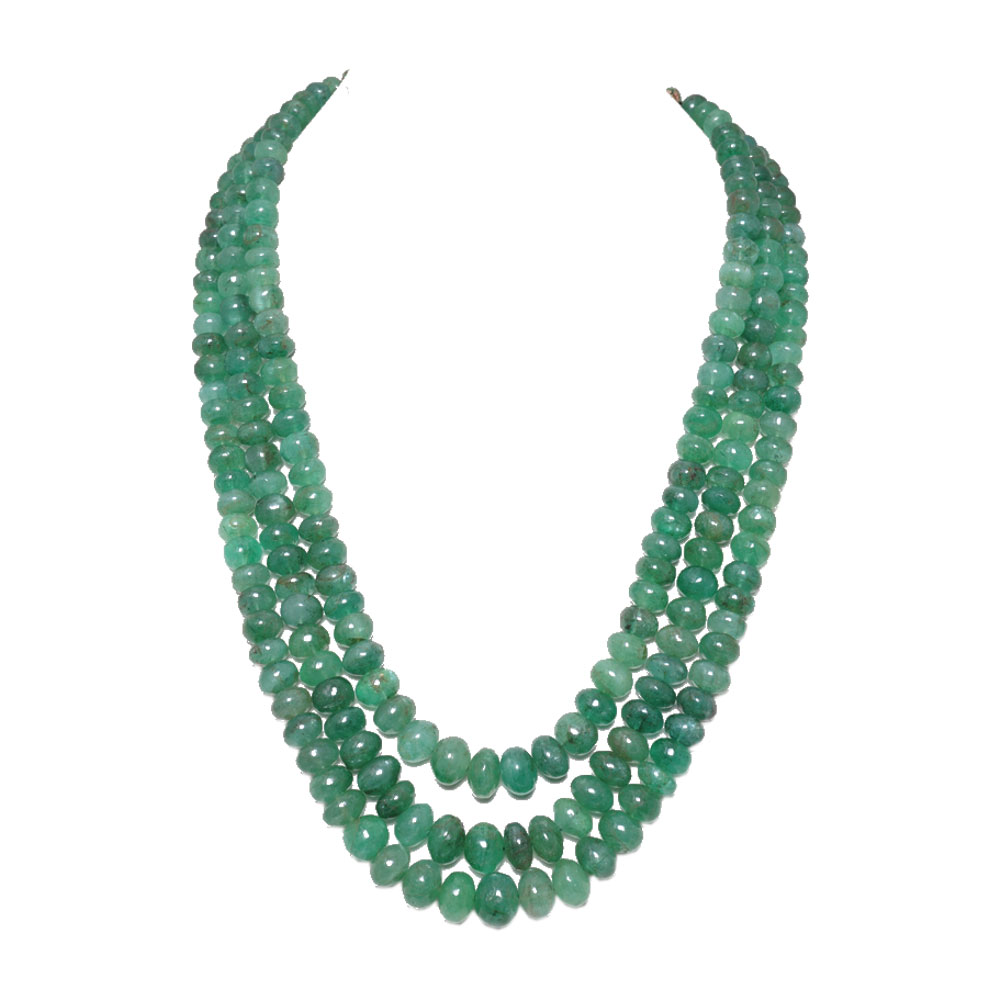 3 Lines 835 Carats Emerald Gemstone Cabochon Beads Necklace