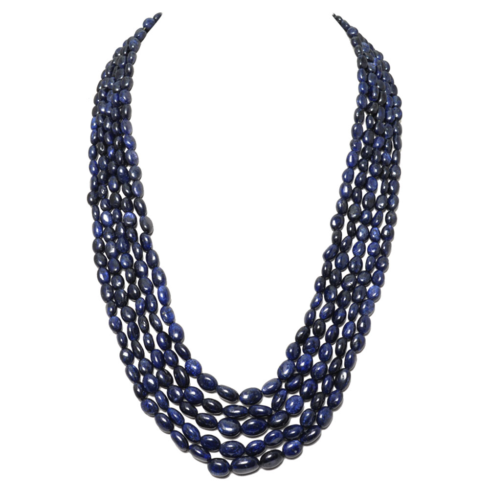 5 Lines 679 Carats Blue Sapphire Gemstone Oval Shaped Bead Necklace