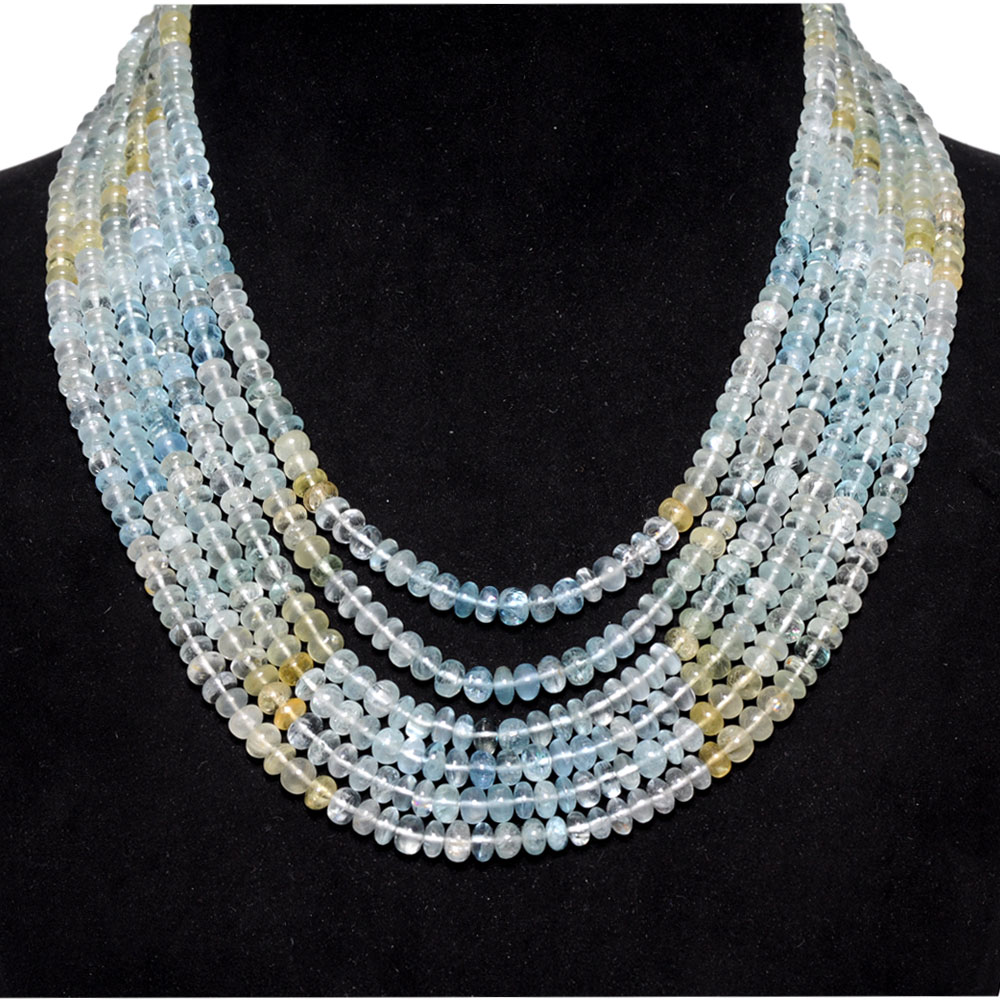 6 Lines 631 Carats Aquamarine Gemstone Plain Bead Necklace