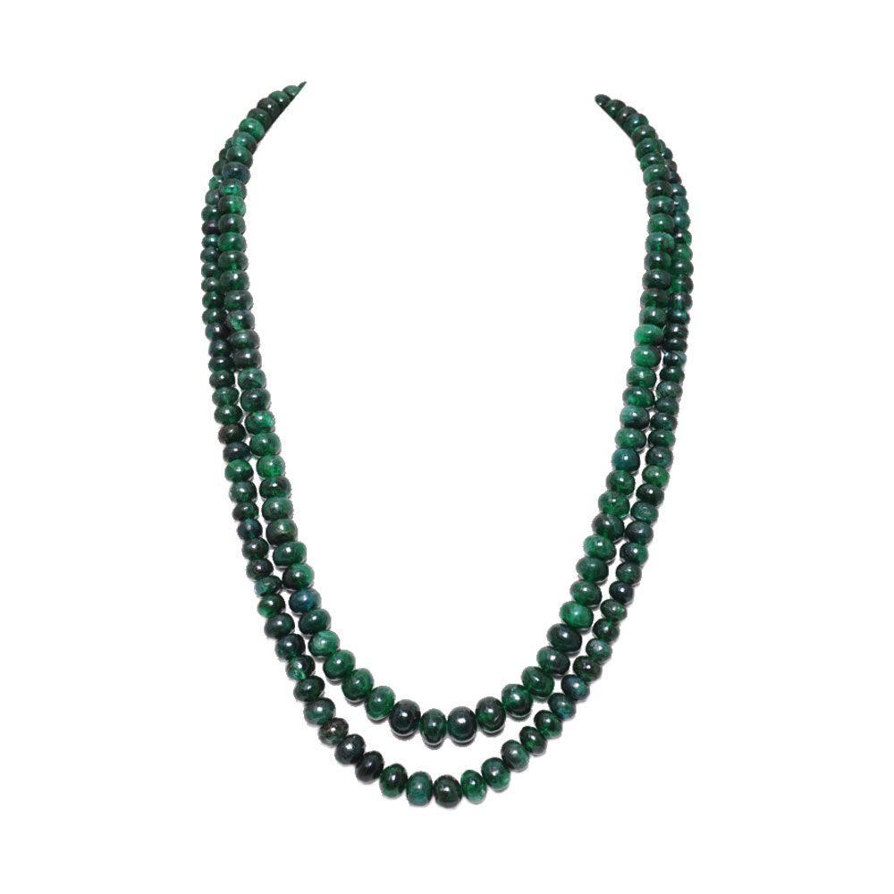 2 Lines 530 Carats Emerald Gemstone Cabochon Beads Necklace