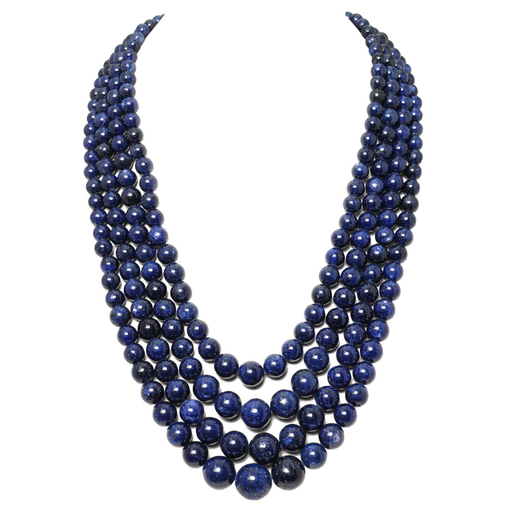 4Lines 1298 Carats Blue Sapphire Gemstone Round Shapedd Bead Necklace