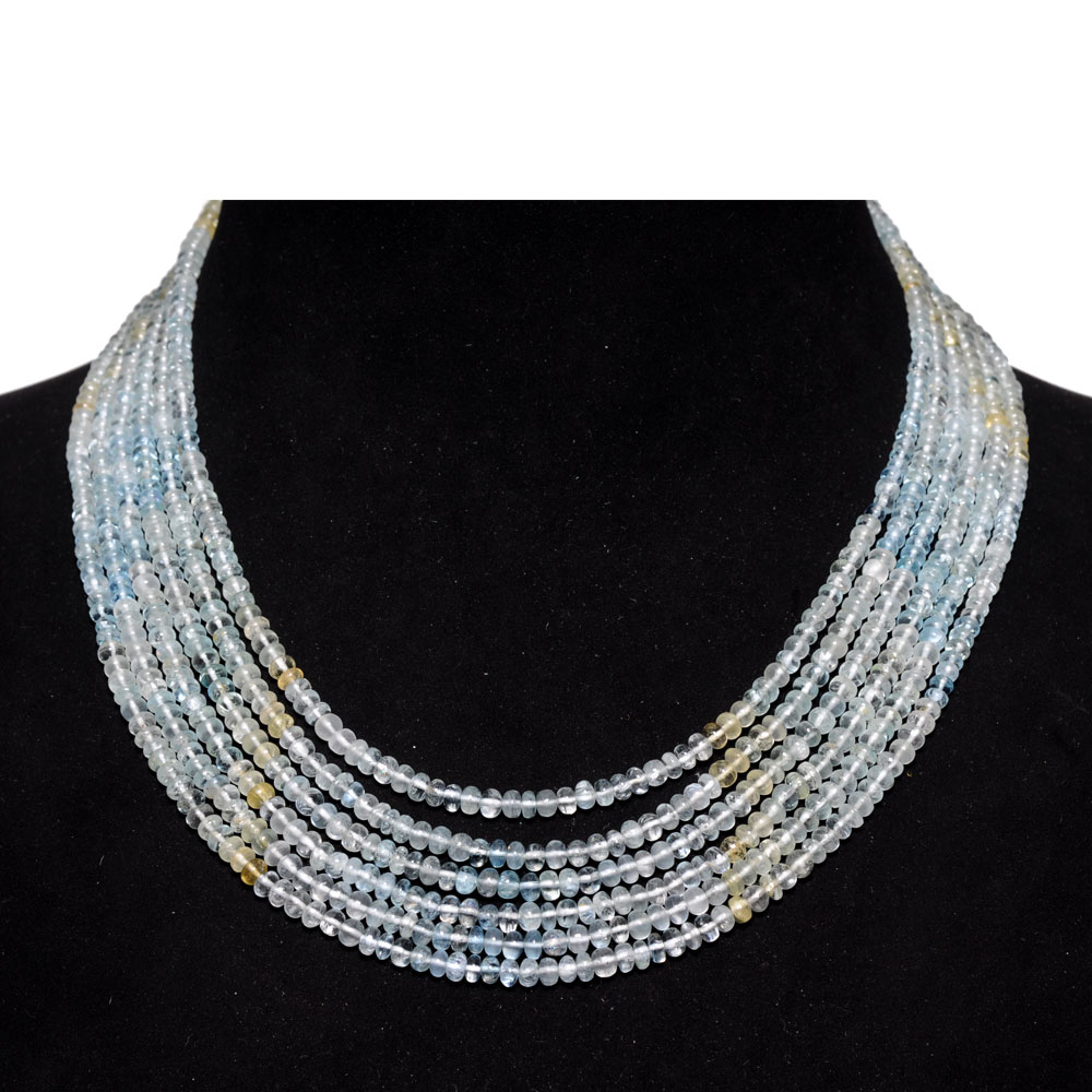 6 Lines 320 Carats Aquamarine Gemstone Plain Bead Necklace