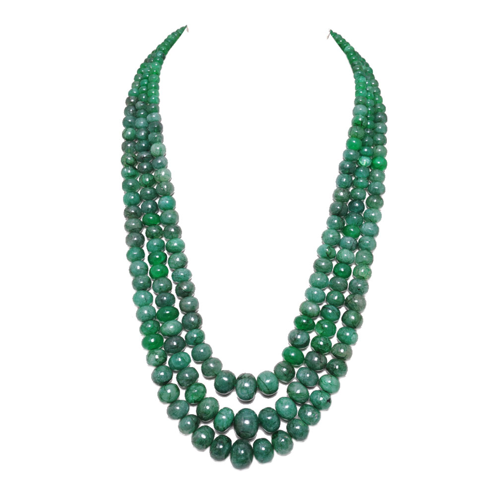 3 Lines 806 Carats Emerald Gemstone Cabochon Beads Necklace