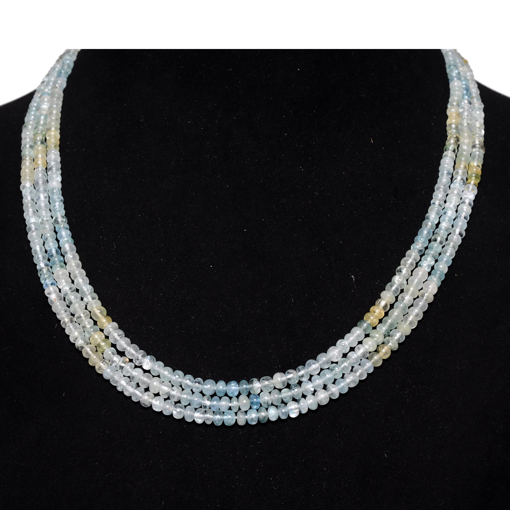 3 Lines 190 Carats Aquamarine Gemstone Plain Bead Necklace