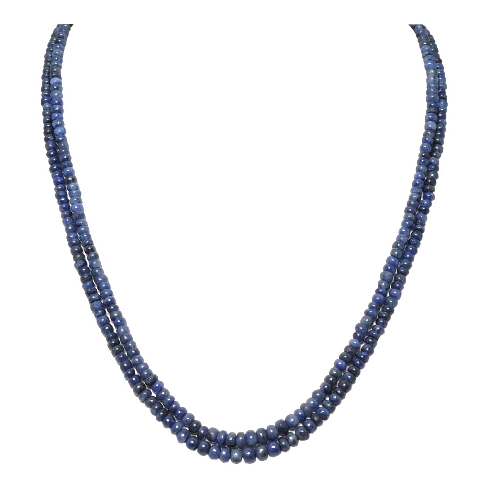2 Lines 161 Carats Blue Sapphire Gemstone Plain Bead Necklace