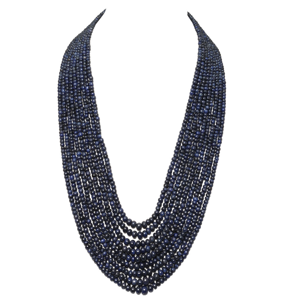9 Lines 868 Carats Blue Sapphire Gemstone Plain Bead Necklace
