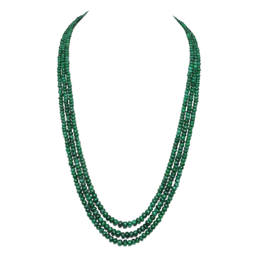 3 Lines 236 Carats Emerald Gemstone Cabochon Beads Necklace