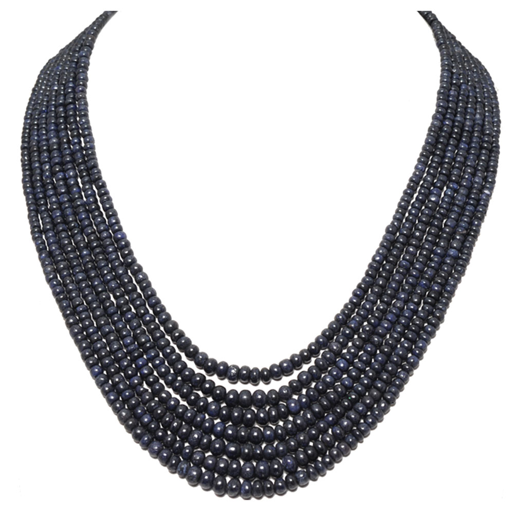 7 Lines 653 Carats Blue Sapphire Gemstone Plain Bead Necklace