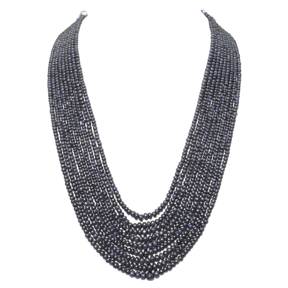 9 Lines 886 Carats Blue Sapphire Gemstone Plain Bead Necklace