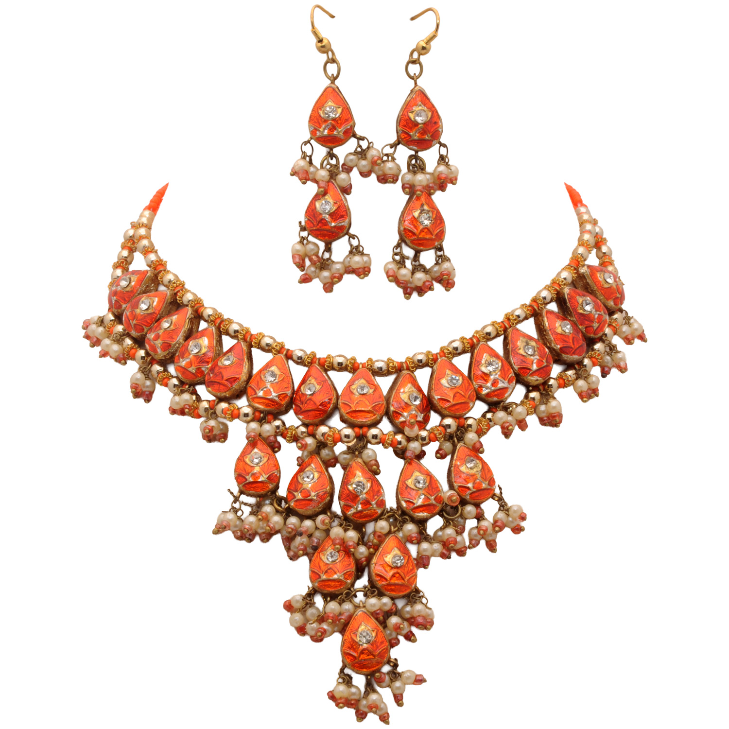 Orange & White Color Traditional Lacquer Necklace & Earring Set