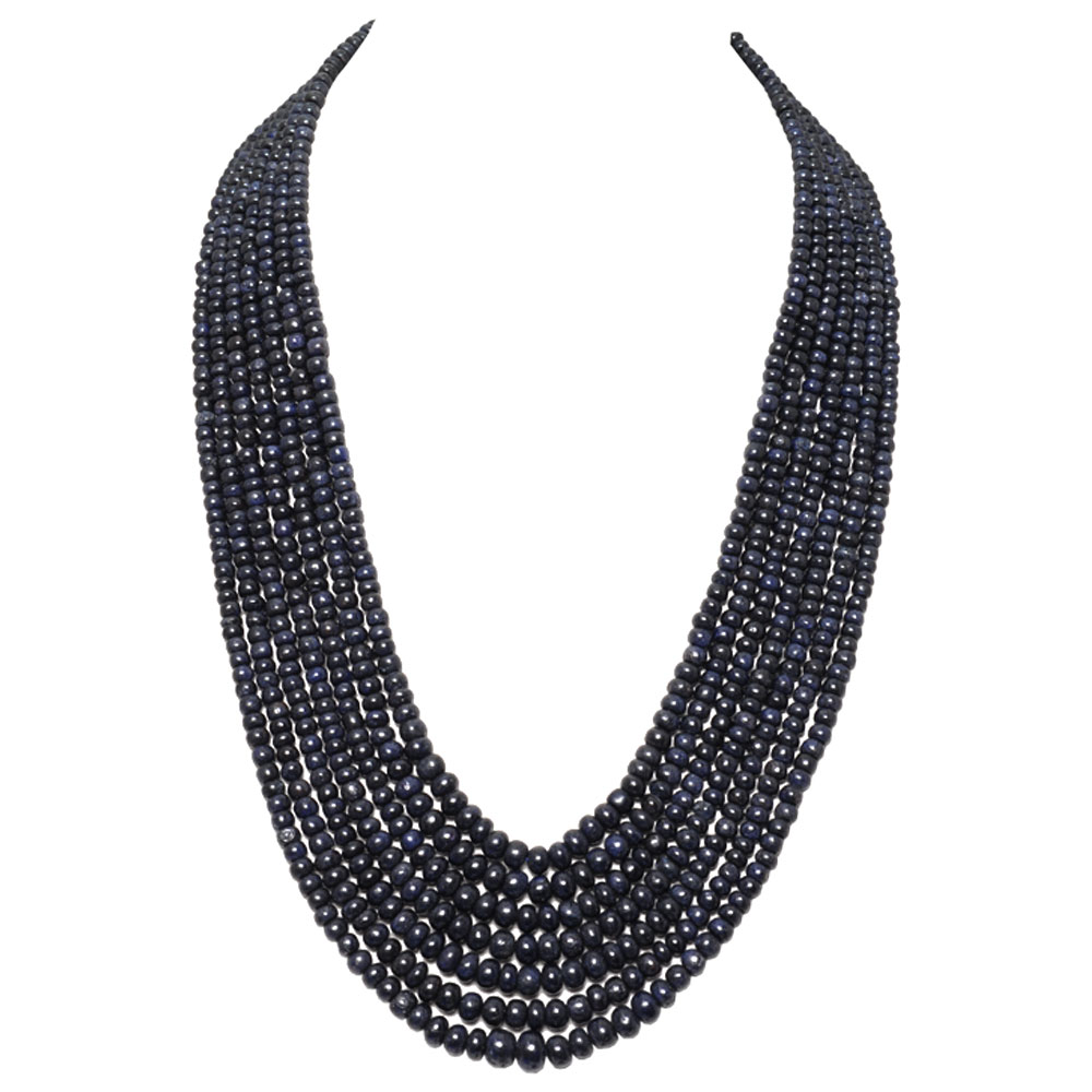7 Lines 705 Carats Blue Sapphire Gemstone Plain Bead Necklace