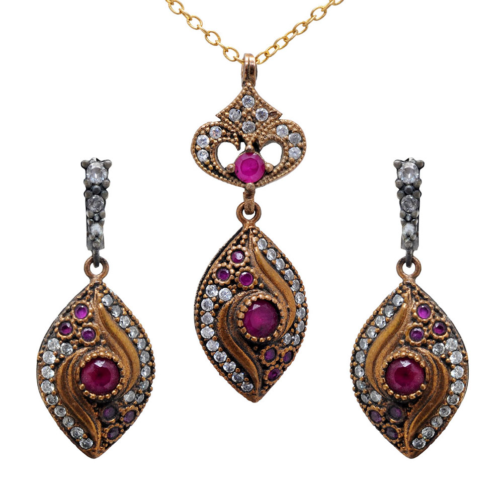 Ruby & Topaz Gemstone Studded Silver Pendant & Earring Set
