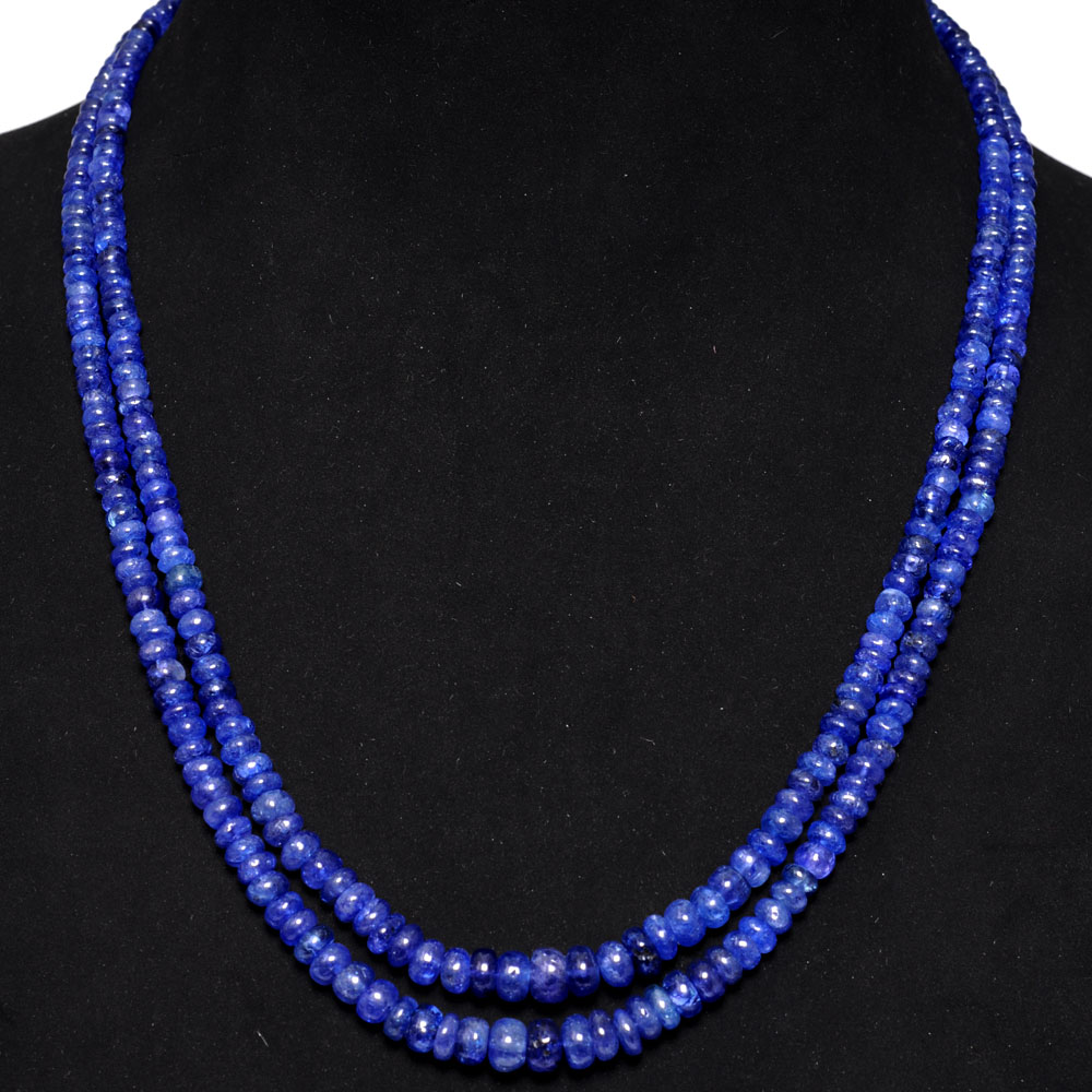 2 Lines 263 Carats Tanzanite Gemstone Plain Beads Necklace
